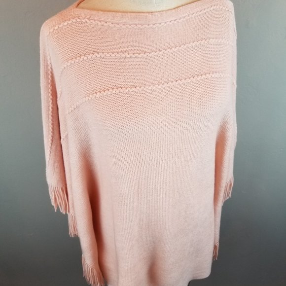 Super Soft Blush Pink Shawl Sweater Poncho with Fringe by Layers by Lizden - Picture 7 of 8